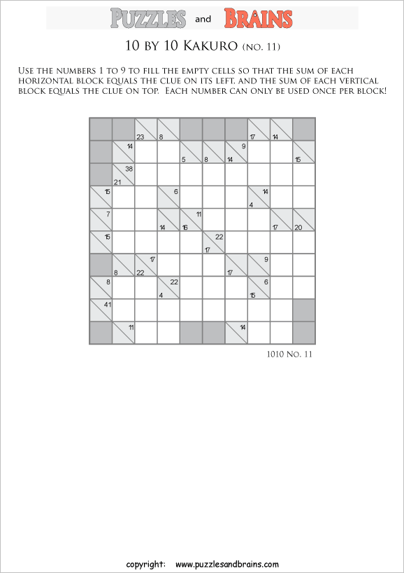 printable 10 by 10 math Kakuro puzzles for young and old math students