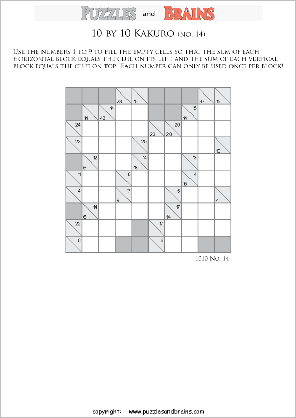 printable 10 by 10 math Kakuro puzzles for young and old math students