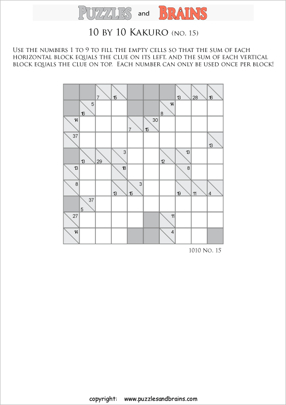 printable 10 by 10 math Kakuro puzzles for young and old ...