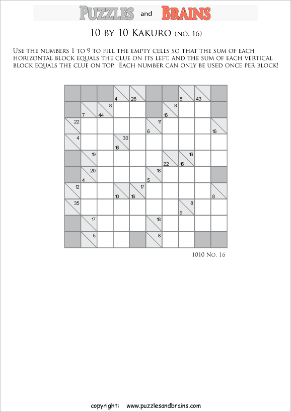 printable 10 by 10 math Kakuro puzzles for young and old math students