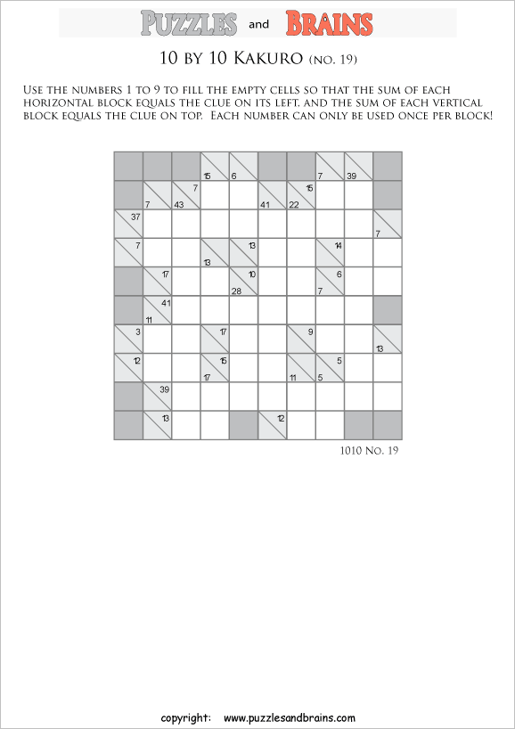 printable 10 by 10 math Kakuro puzzles for young and old math students