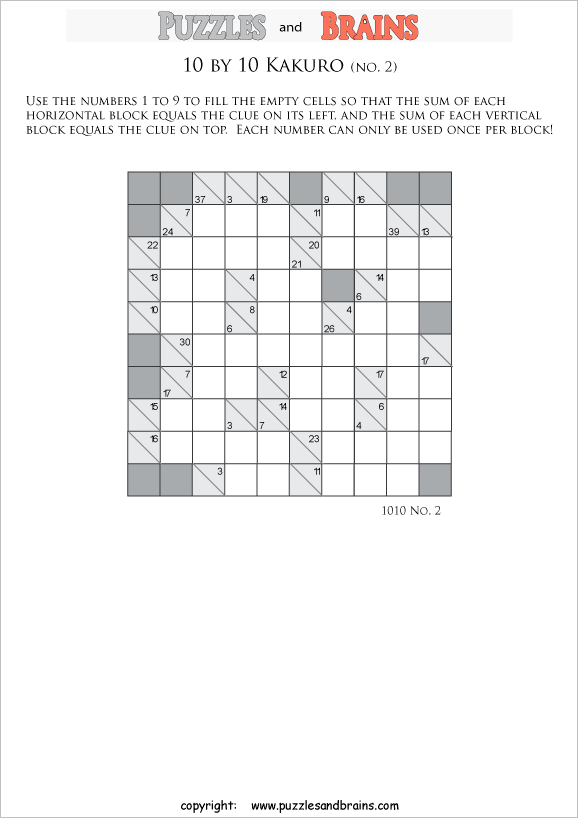 printable 10 by 10 math Kakuro puzzles for young and old math students