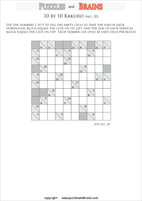 printable 10 by 10 math Kakuro puzzles for young and old math students