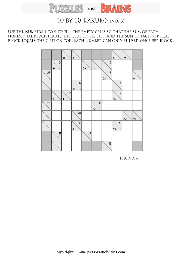 printable 10 by 10 math Kakuro puzzles for young and old math students