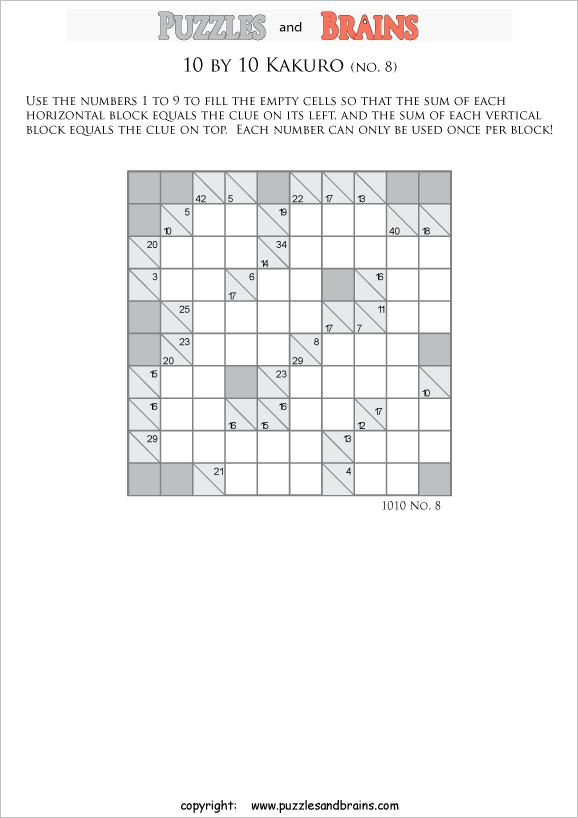 printable 10 by 10 math Kakuro puzzles for young and old math students