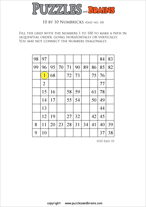 printable easier 10 by 10 Numbrix Number Snake puzzles for young and old