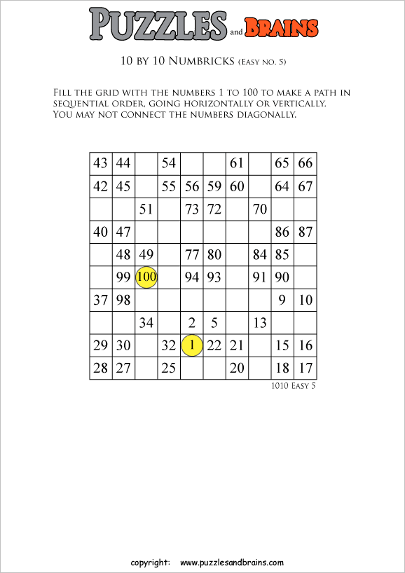 Printable easier level 10 by 10 grid Numbrix Number Snake logic puzzles