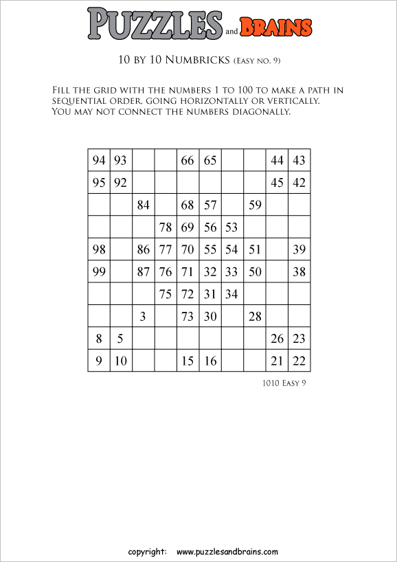 printable easier 10 by 10 Numbrix Number Snake puzzles for young and old