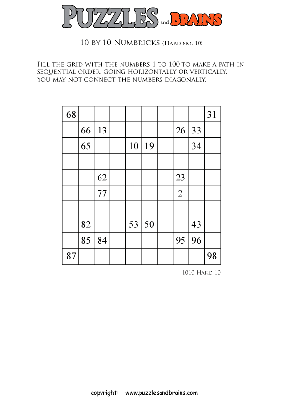 printable 10 by 10 difficult level Numbrix logic IQ puzzles