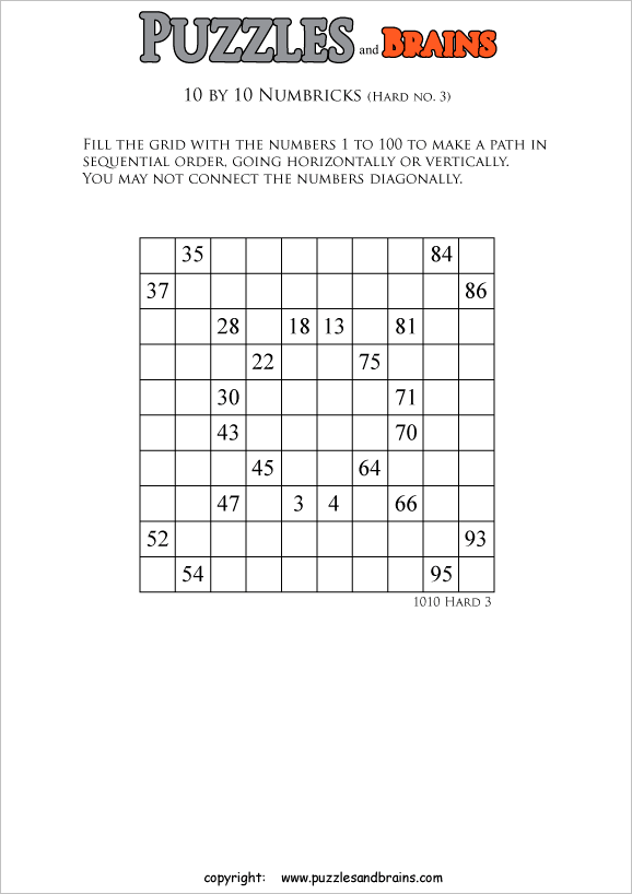 printable 10 by 10 difficult level Numbrix logic IQ puzzles