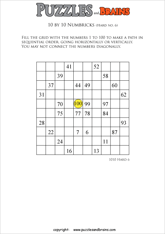 Printable 10 By 10 Difficult Level Numbrix Logic Puzzles For Kids And 