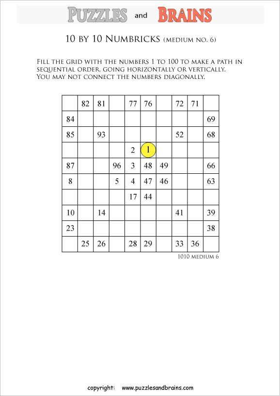printable 10 by 10 medium level numbrix logic iq puzzles