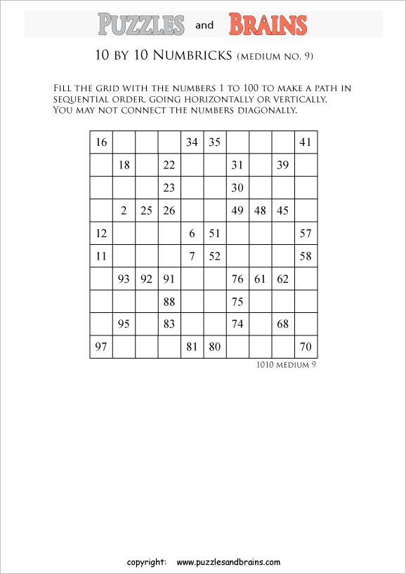 printable 10 by 10 medium level Numbrix logic IQ puzzles