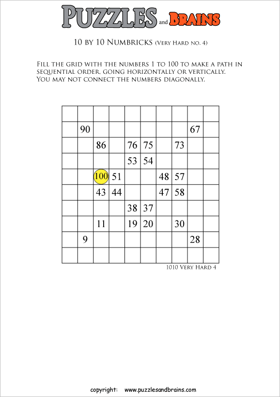 printable 10 by 10 very difficult level numbrix logic puzzles for kids