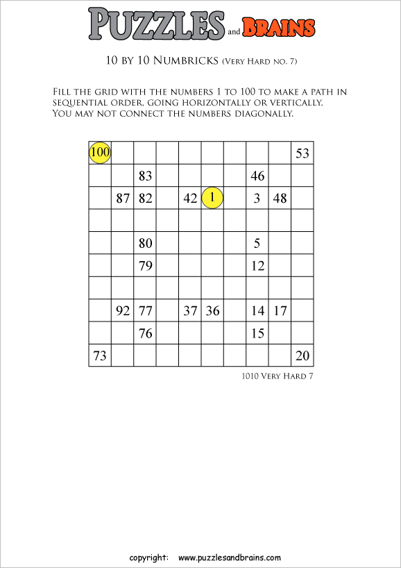 printable 10 by 10 very hard level Numbrix logic IQ puzzles