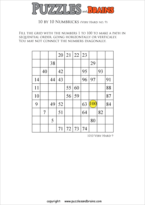 Printable 10 by 10 very difficult level Numbrix logic ...