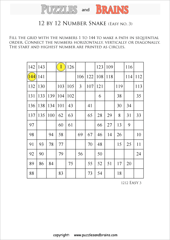 printable easier 12 by 12 Hidato Number Snake puzzles for young and old