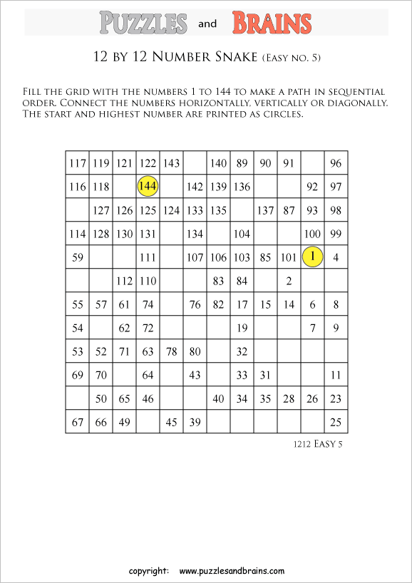 printable easier 12 by 12 hidato number snake puzzles for young and old