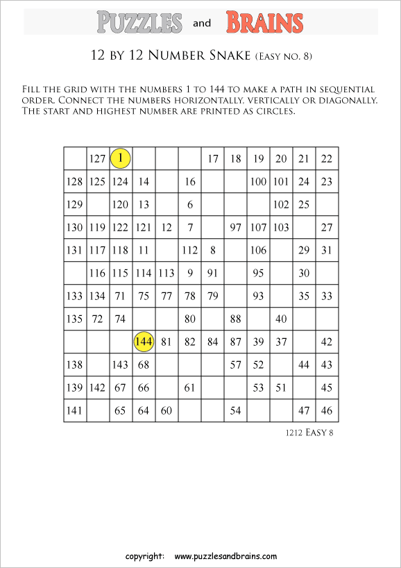 printable easier 12 by 12 Hidato Number Snake puzzles for young and old