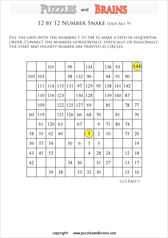 printable easier 12 by 12 Hidato Number Snake puzzles for young and old