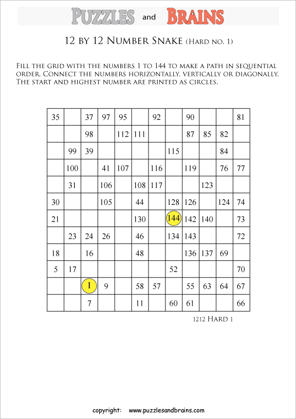 printable difficult 12 by 12 Hidato Number Snake puzzles for young and old