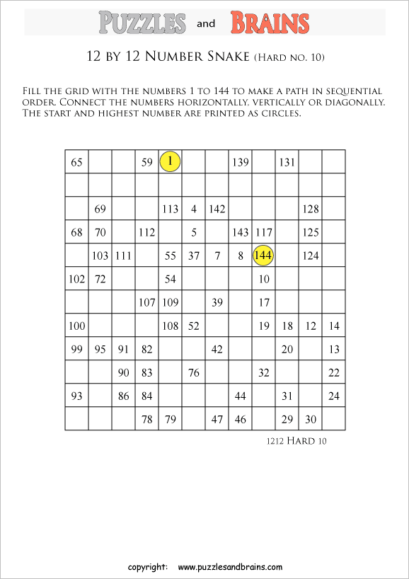 printable difficult 12 by 12 Hidato Number Snake puzzles for young and old