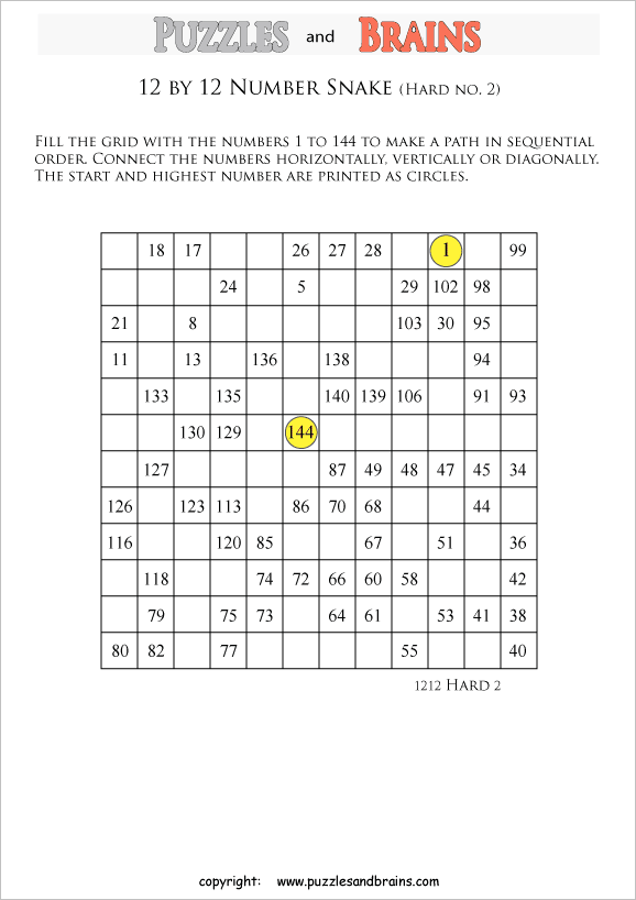 printable difficult 12 by 12 Hidato Number Snake puzzles for young and old