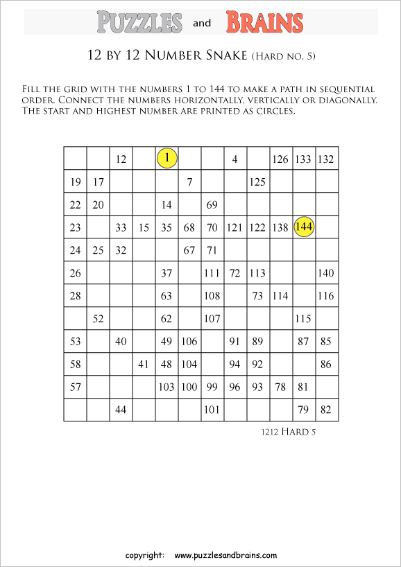 printable difficult 12 by 12 Hidato Number Snake puzzles for young and old