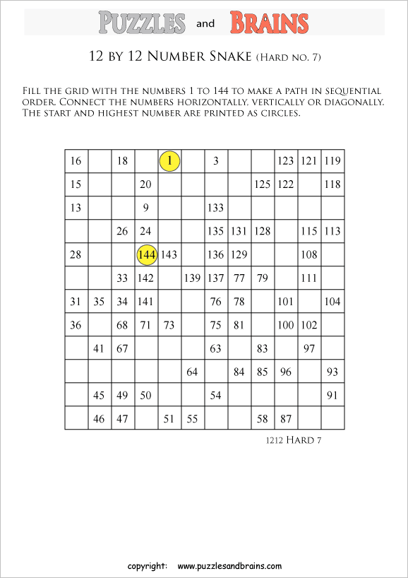 printable difficult 12 by 12 Hidato Number Snake puzzles for young and old