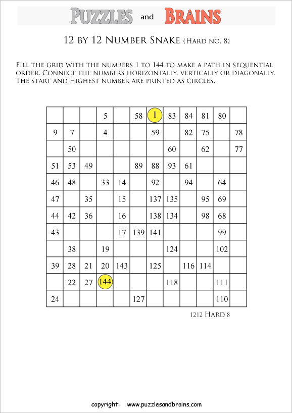 printable difficult 12 by 12 Hidato Number Snake puzzles for young and old