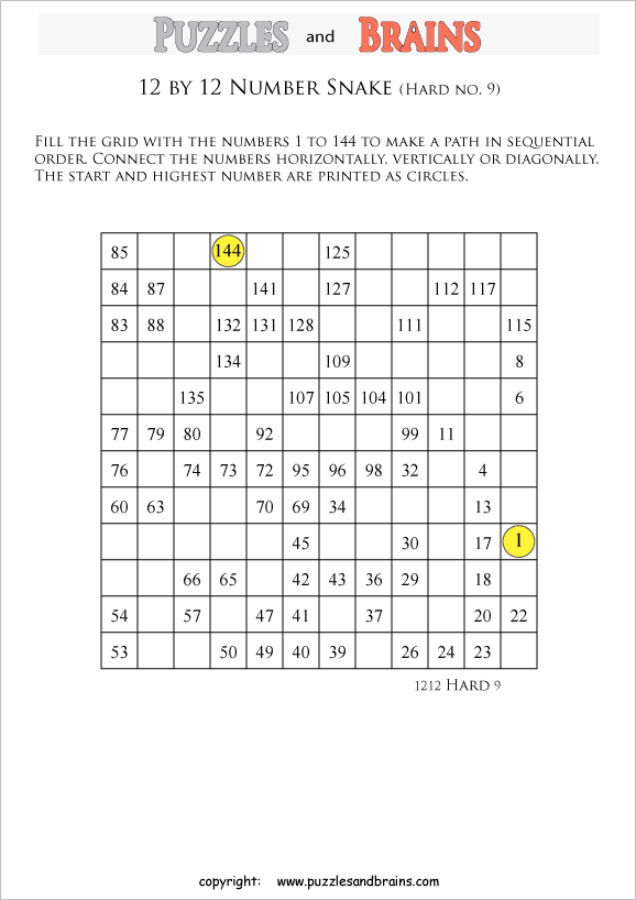 printable difficult 12 by 12 Hidato Number Snake puzzles for young and old