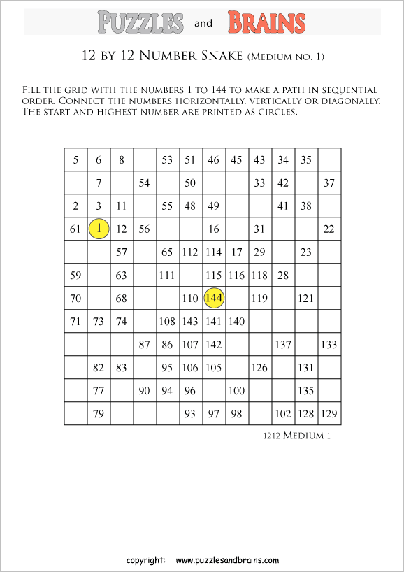 printable medium 12 by 12 Hidato Number Snake puzzles for young and old