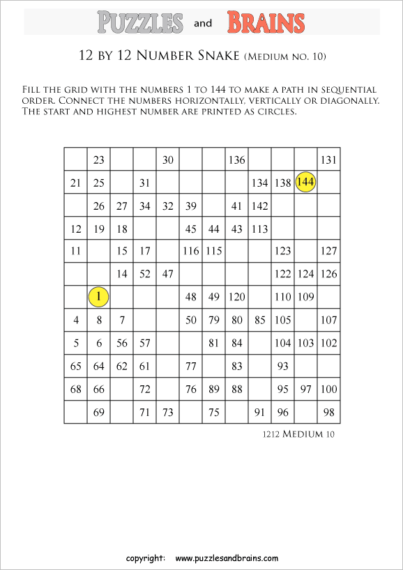 printable medium 12 by 12 hidato number snake puzzles for