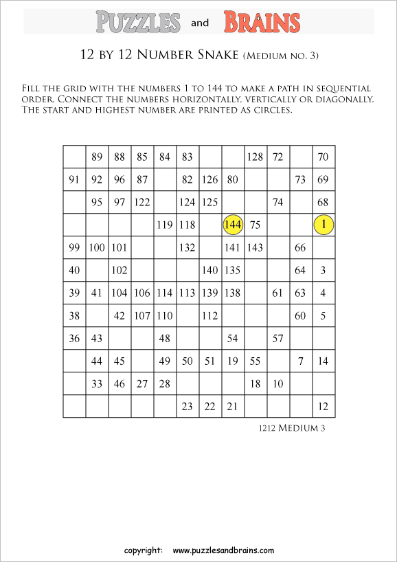 printable medium 12 by 12 Hidato Number Snake puzzles for young and old