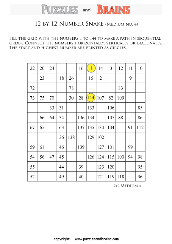 printable medium 12 by 12 Hidato Number Snake puzzles for young and old