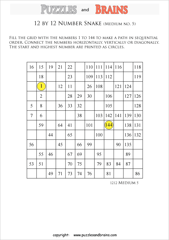 printable medium 12 by 12 Hidato Number Snake puzzles for young and old