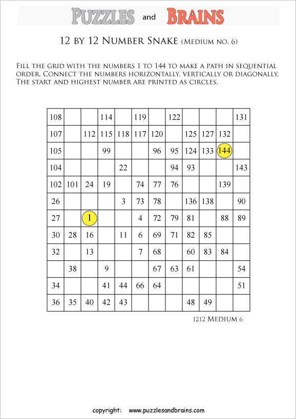 printable medium 12 by 12 Hidato Number Snake puzzles for young and old