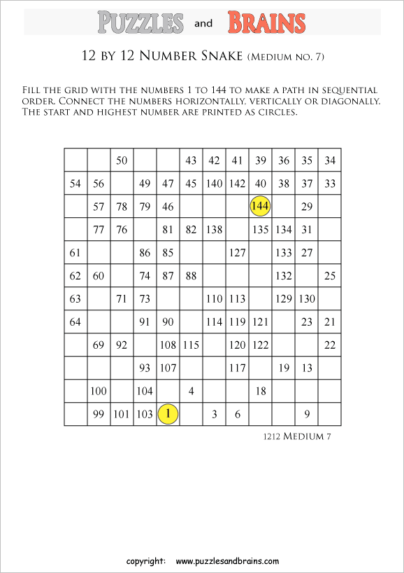 printable medium 12 by 12 Hidato Number Snake puzzles for young and old