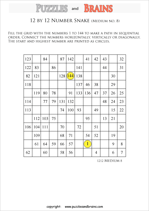 printable medium 12 by 12 Hidato Number Snake puzzles for young and old