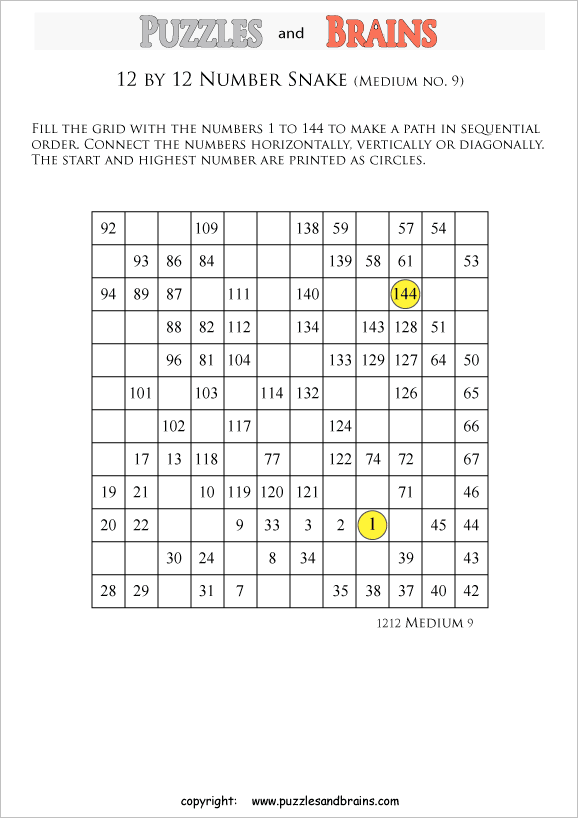 printable medium 12 by 12 Hidato Number Snake puzzles for young and old