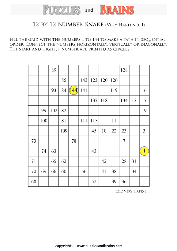 printable very difficult 12 by 12 Hidato Number Snake puzzles for young and old