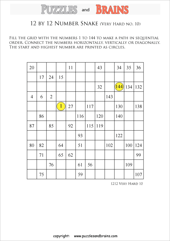 printable very difficult 12 by 12 Hidato Number Snake puzzles for young and old