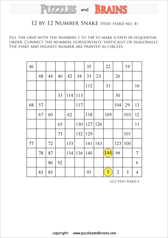 printable very difficult level 12 by 12 grid hidato number