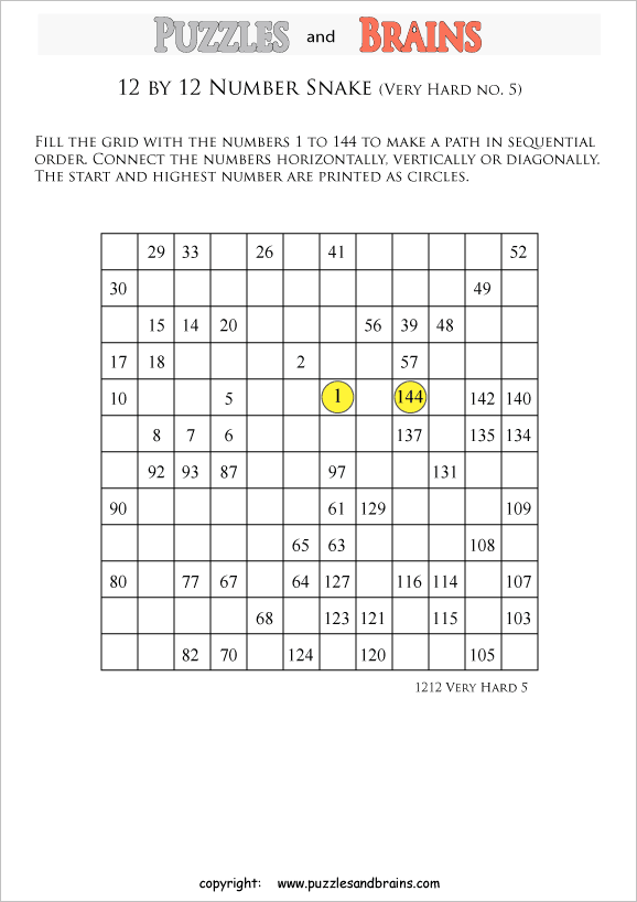 printable very difficult 12 by 12 Hidato Number Snake puzzles for young and old