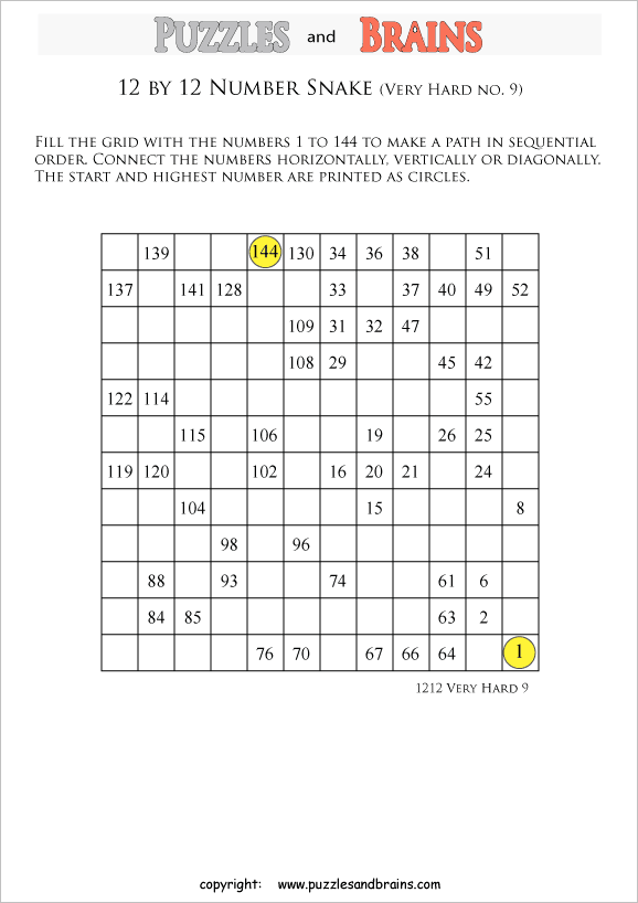 printable very difficult 12 by 12 Hidato Number Snake puzzles for young and old