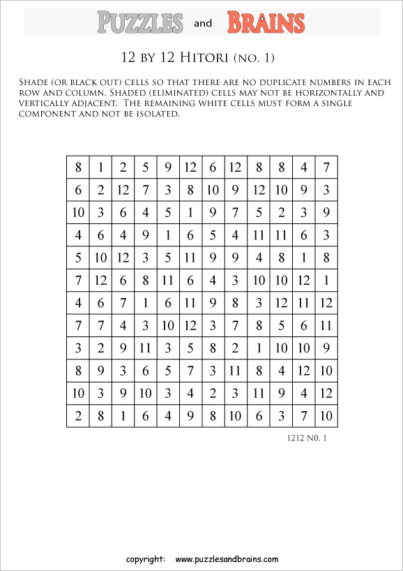 printable 12 by 12 Hitori logic puzzles that will boost your IQ