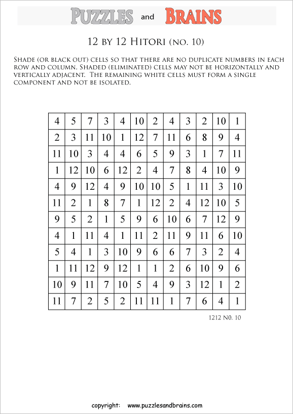 printable 12 by 12 Hitori logic puzzles that will boost your IQ