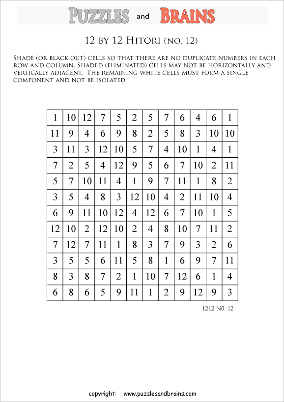 printable 12 by 12 Hitori logic puzzles that will boost your IQ