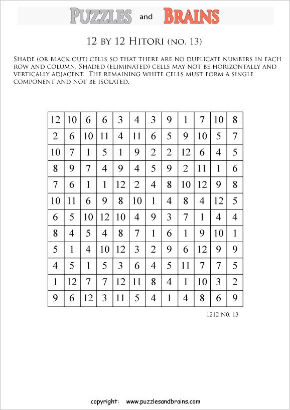 printable 12 by 12 Hitori logic puzzles that will boost your IQ