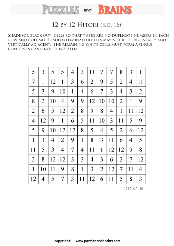 printable 12 by 12 Hitori logic puzzles that will boost your IQ